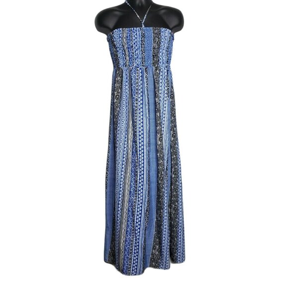 Smock Top Maxi Geometric Print Blue White Black Halter Dress Size XL - Picture 1 of 9